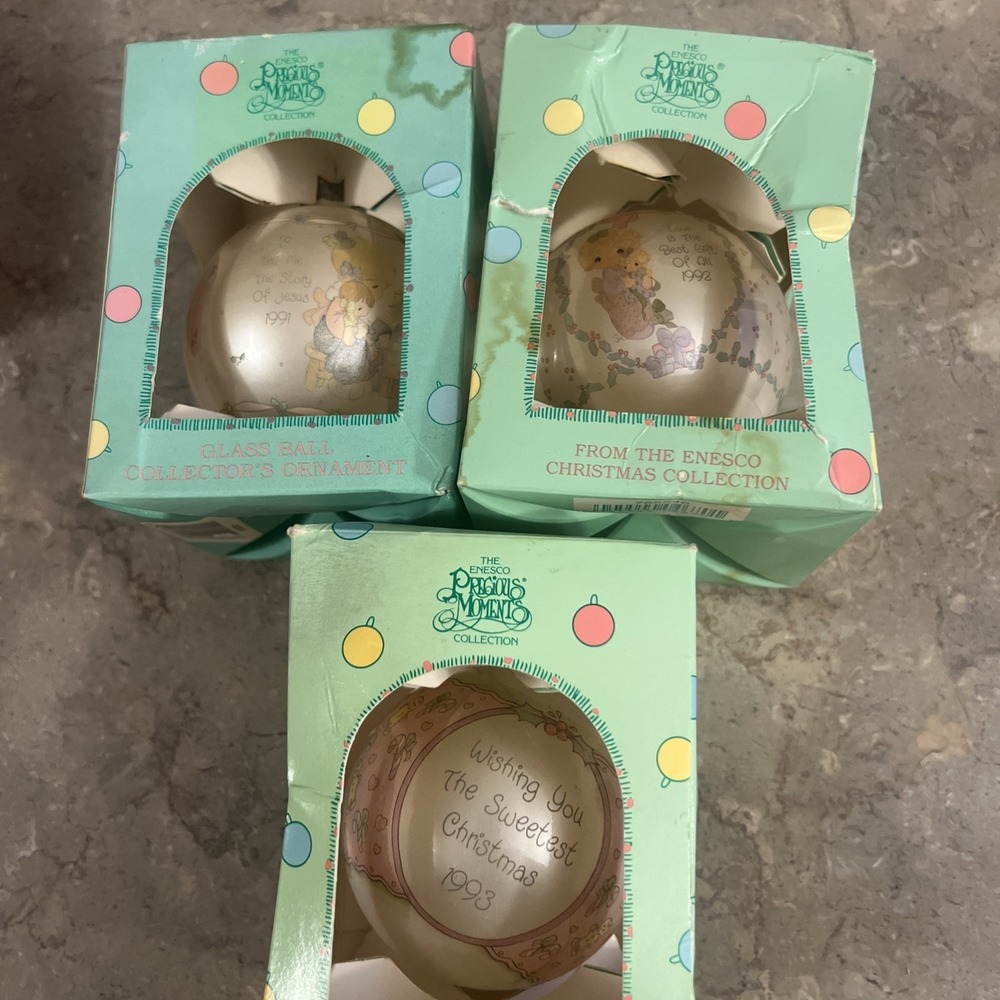 Vintage Set Of 3 Enesco Precious Moments Glass Ball Ornaments 91/92/93